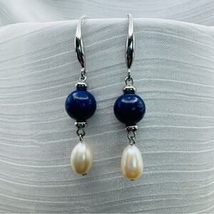Silver and Blue Beaded Pearl Earrings